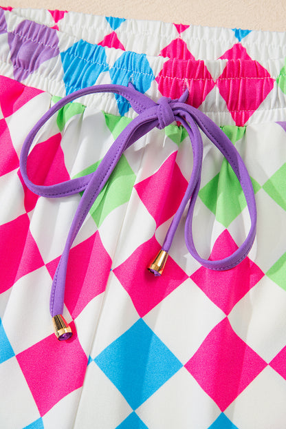 Multicolour Checkered Drawstring Elastic Waist Casual Shorts