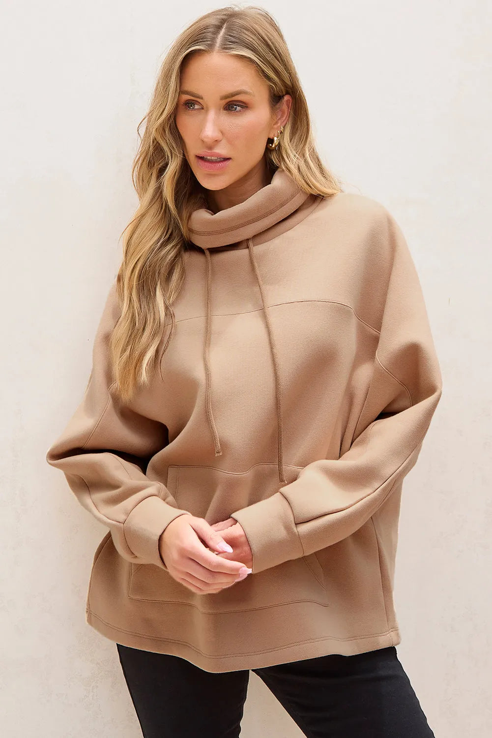 Light French Beige Drawstring Turtleneck Dolman Sleeve Sweatshirt - Chic Meadow Boutique 