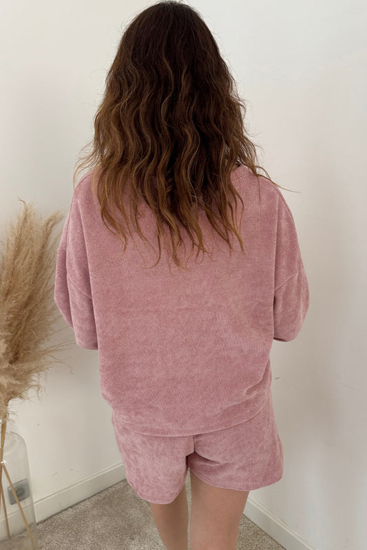 Fushia Solid Color Textured Knit Drop Shoulder Pullover Drawstring Shorts Set