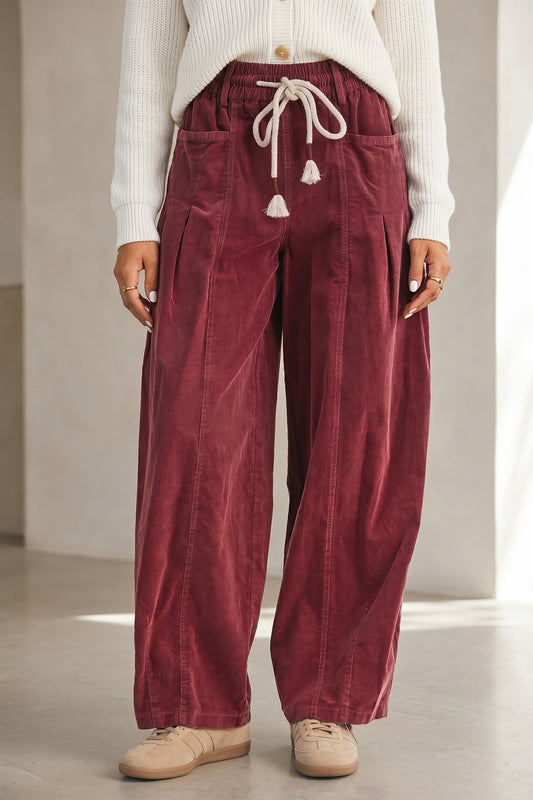 Racing Red Elastic Waist Drawstring Corduroy Casual Pants