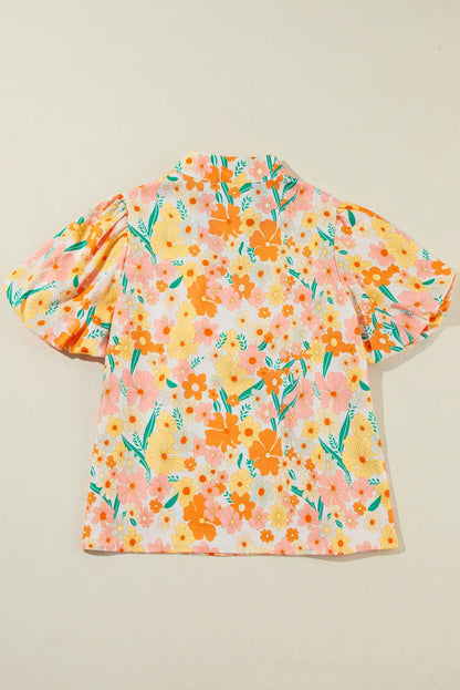 Multicolour Floral Print Bubble Sleeve V Neck Blouse - Chic Meadow Boutique 