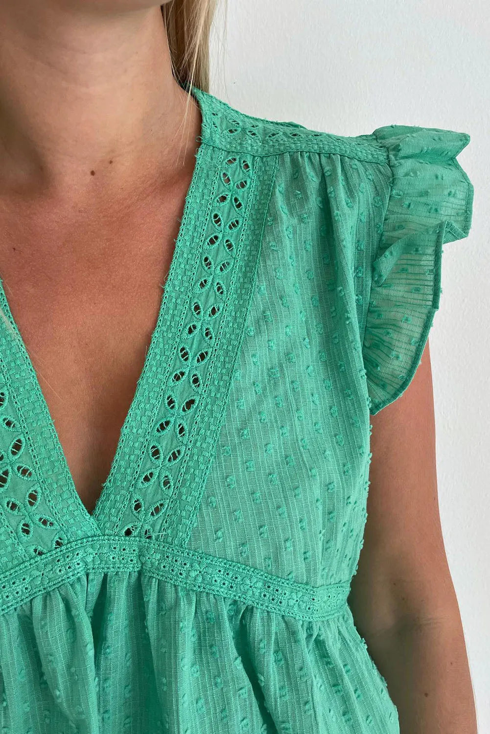 Green Eyelet V Neckline Ruffle Swiss Dot Top - Chic Meadow Boutique 