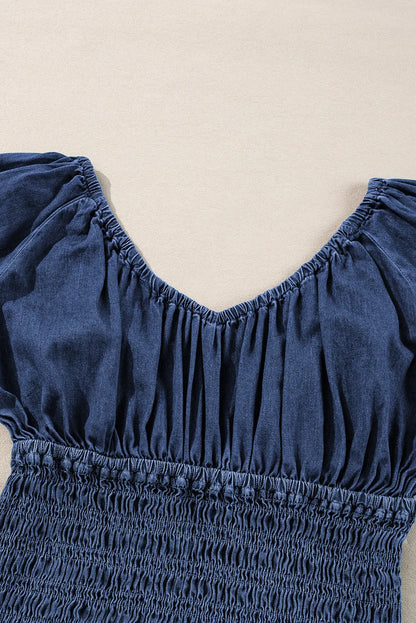 Dark Blue Smocked Ruffled Puff Sleeve V Neck Denim Blouse - Chic Meadow Boutique 