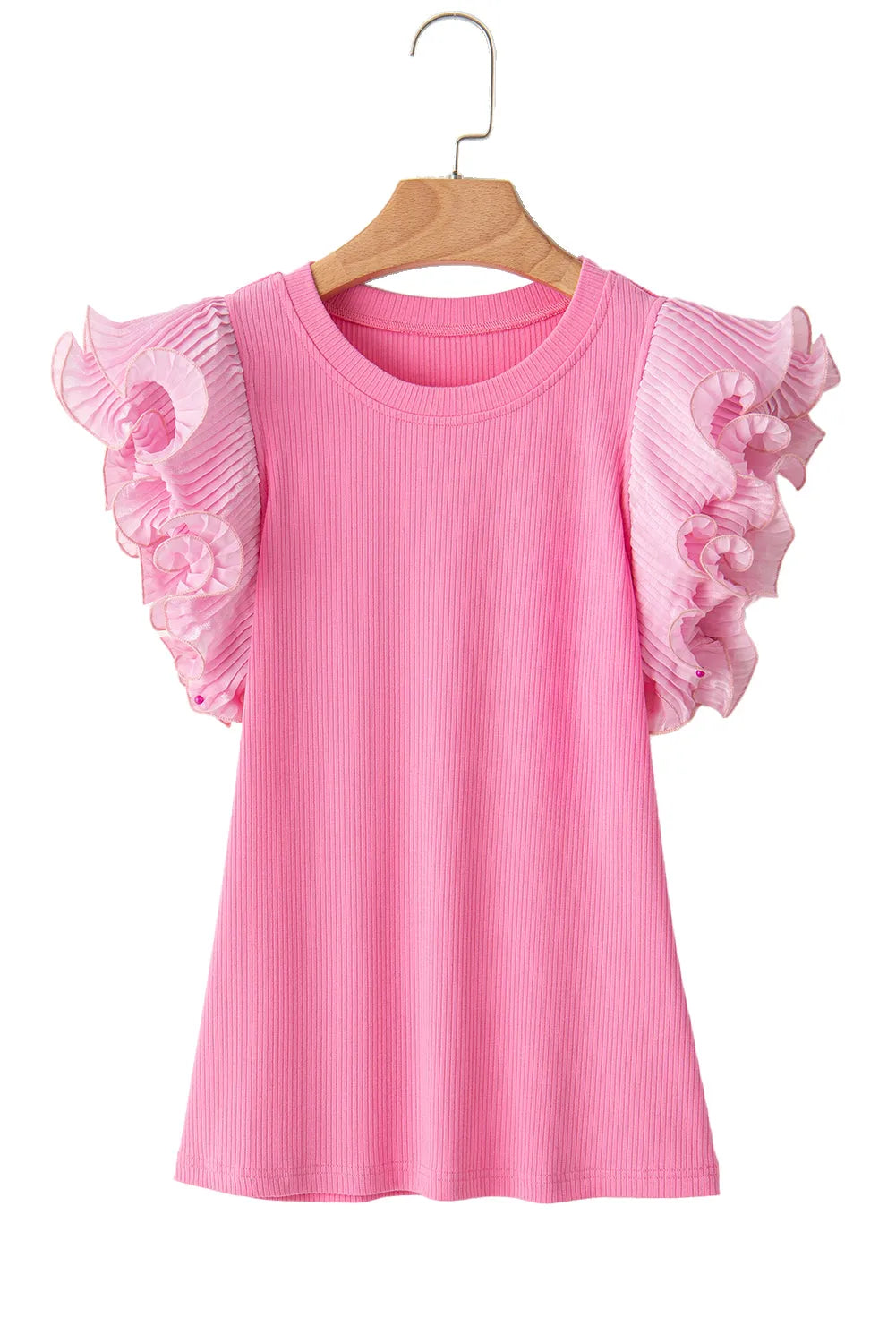 Strawberry Pink Ruffled Pleated Mesh Sleeve Ribbed Knit Slim Fit T Shirt - Chic Meadow Boutique 