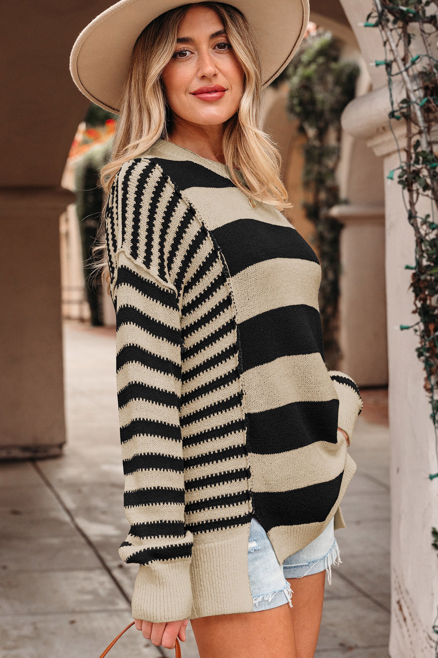 Black Stripe Drop Shoulder Sleeve Patchwork Baggy Sweater