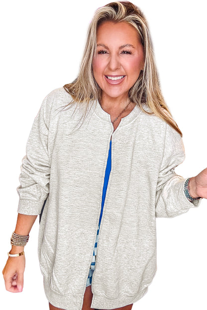 Light Grey Solid Color Jacket Style Open Front Sweatshirt
