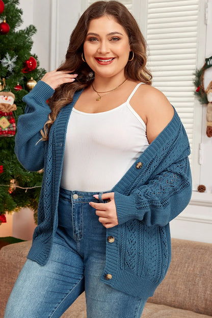 Real Teal Open Knit V Neck Button Front Drop Shoulder Plus Size Cardigan - Chic Meadow Boutique 