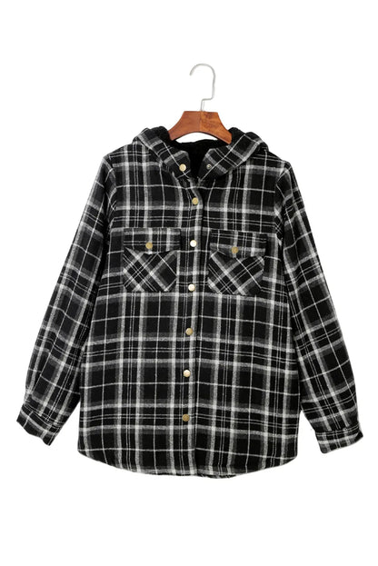 Black Plaid Pattern Sherpa Lined Hooded Shacket - Chic Meadow Boutique 