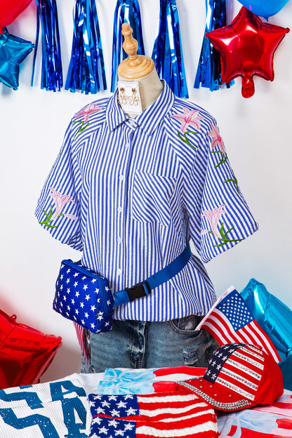 Sky Blue Stripe Lily Floral Embroidered Puff Sleeve Button Down Shirt