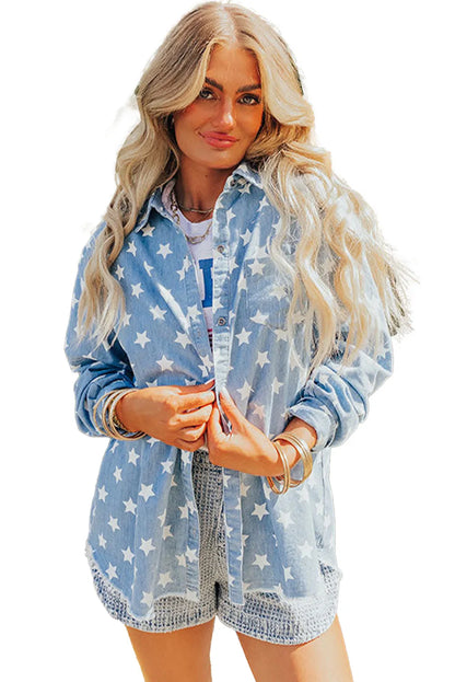 Sky Blue Star Print Light Wash Raw Hem Denim Jacket - Chic Meadow Boutique 