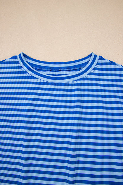 Sky Blue Stripe Ribbed Cap Sleeve Round Neck T Shirt