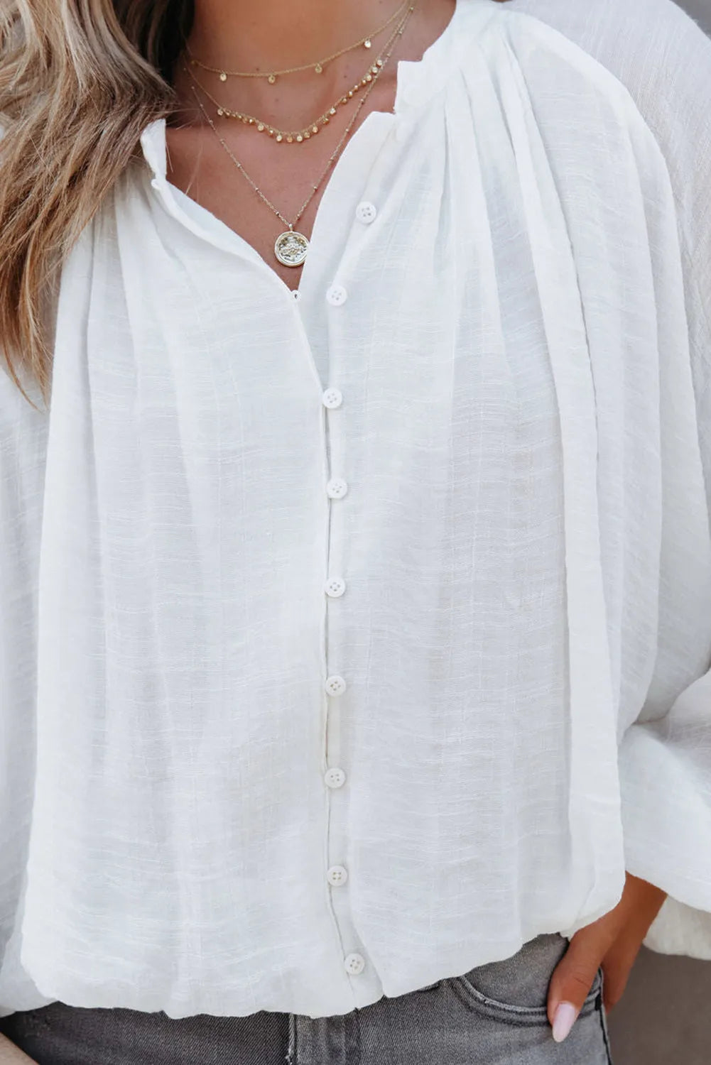 White Solid Color V Neck Balloon Sleeve Shirt - Chic Meadow Boutique 