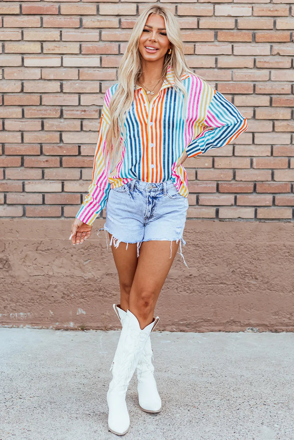 Orange Stripe Multicolor Drop Shoulder Loose Shirt - Chic Meadow Boutique 