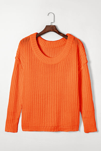 Orange Ribbed Knit Round Neck Slouchy Chunky Sweater
