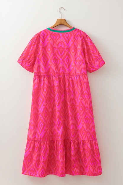 Red Allover Print Contrast Split Neckline Short Puff Sleeve Curvy Dress