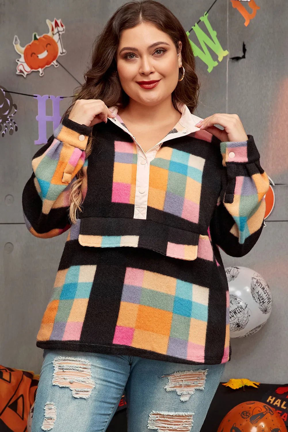 Black Plus Size Checkered Print Sherpa Henley Sweatshirt - Chic Meadow Boutique 