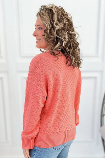Coral Paradise Drop Shoulder Ribbed Knit Ribbed Long Sleeve Sweater
