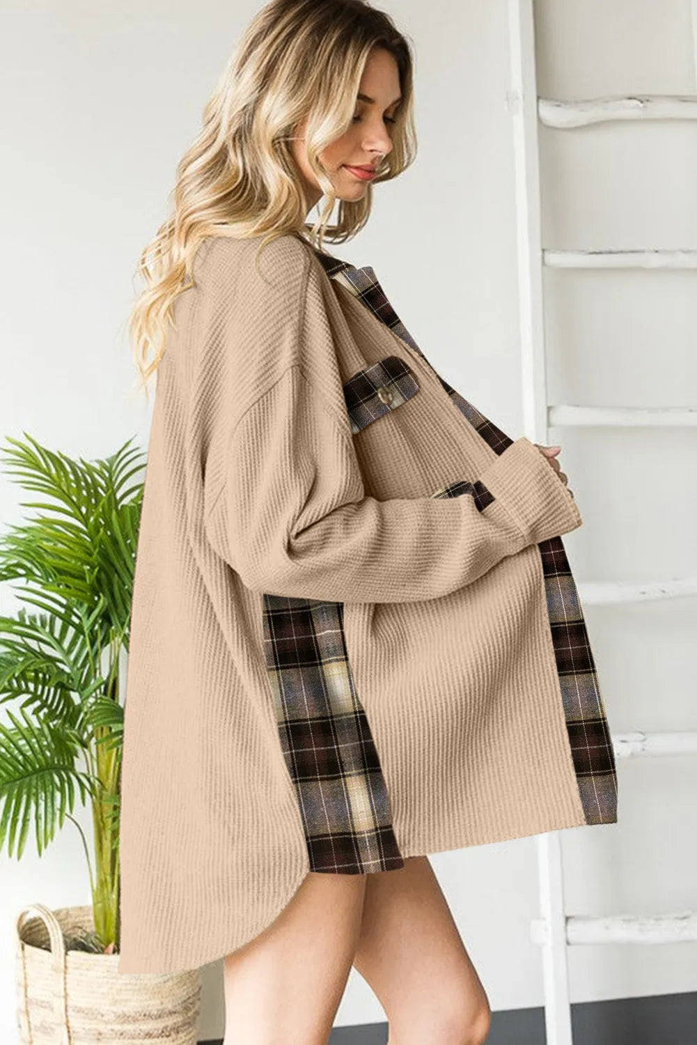 Apricot Plaid Patchwork Waffle Thermal Knit Shacket - Chic Meadow Boutique 