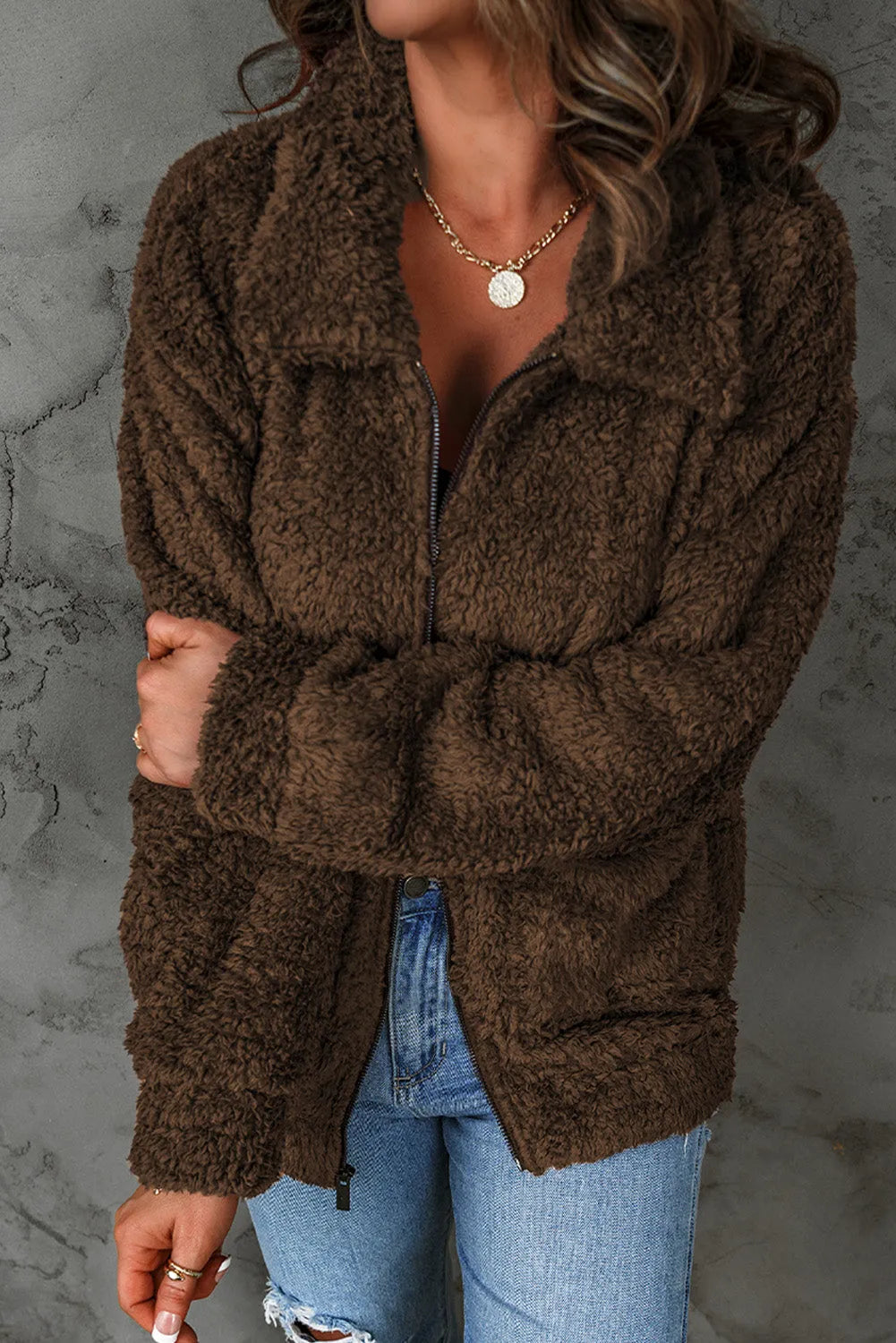 Fleece Zipper Up Casual Pocketed Coat - Chic Meadow Boutique 