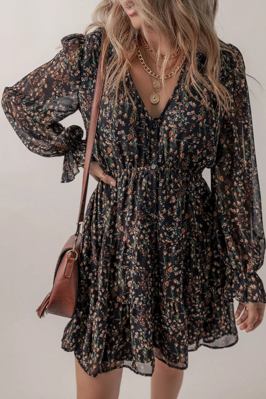 Black Floral Print V Neck Ruffled Puff Sleeve Mini Dress - Chic Meadow Boutique 