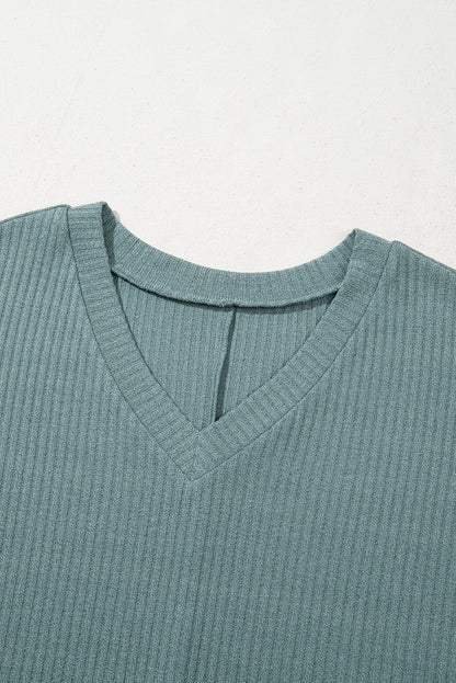 Moonlight Jade Oversized Ribbed Knit V Neck Dolman Short Sleeve Top