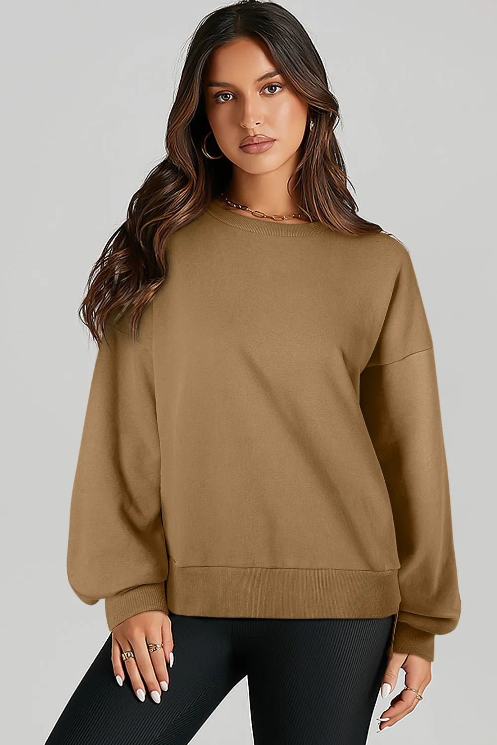 Brown Solid O Neck High Low Hem Pullover Sweatshirt - Chic Meadow Boutique 