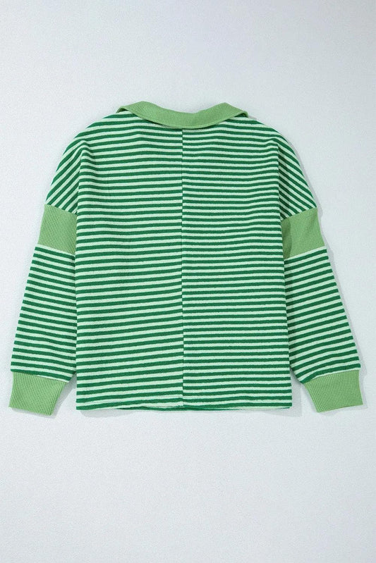 Tops/Long Sleeve Tops Green Stripe Turn-Down V Neck Patchwork Loose Top