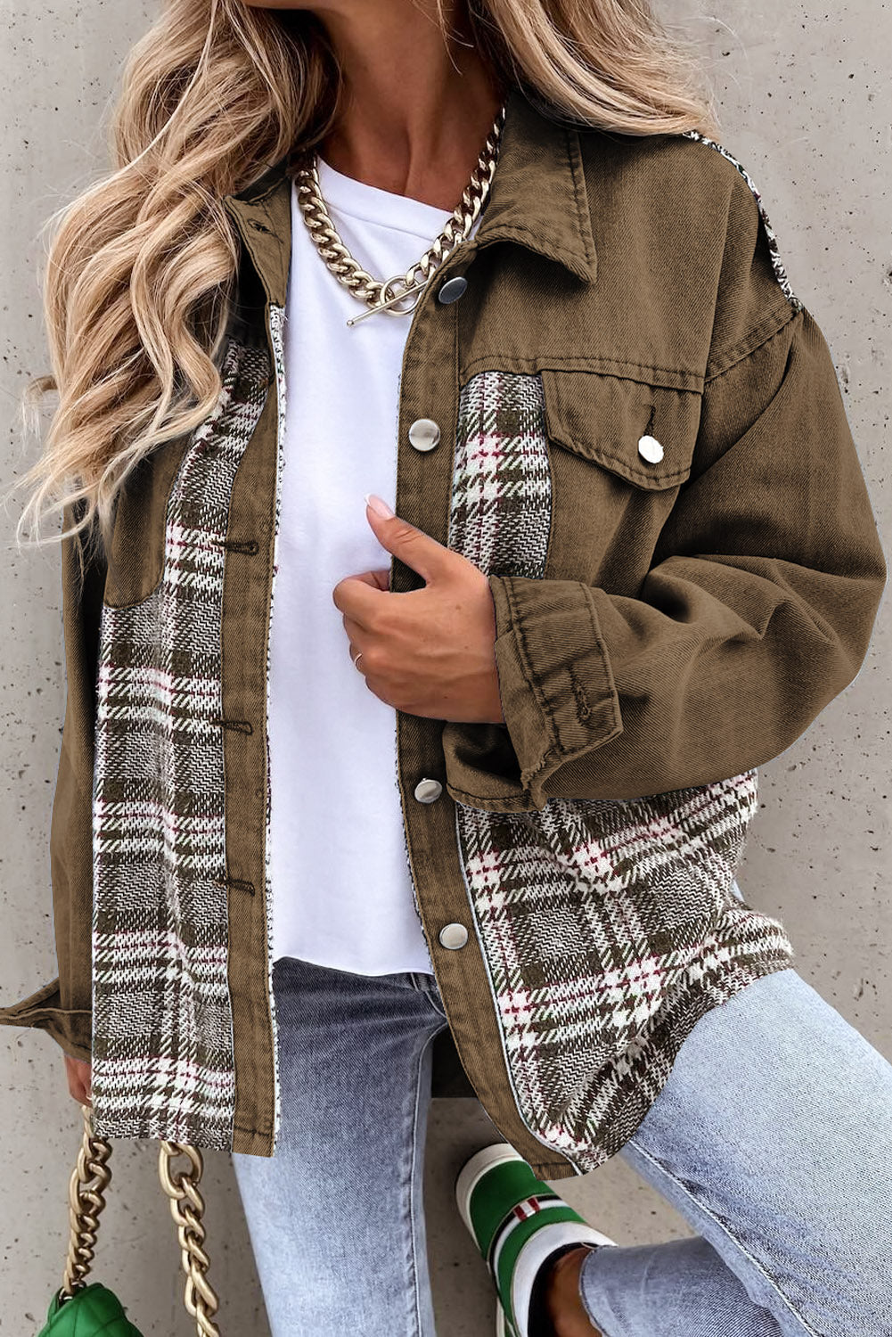 Brown Plaid Patchwork Pockets Denim Jacket - Chic Meadow Boutique 