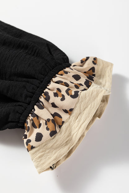 Black Contrast Leopard Print Patchwork Polo Collar Buttons Front Ruffled Long Sleeve Blouse