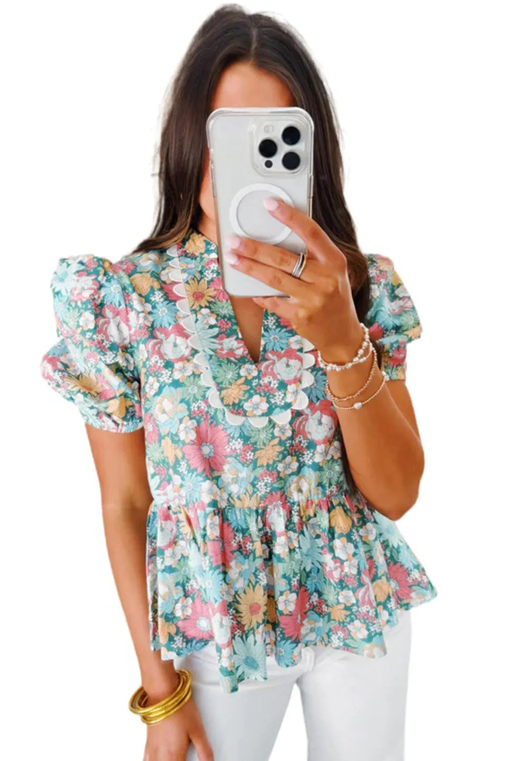 Multicolour Notched Neck Puff Short Sleeve Floral Blouse - Chic Meadow Boutique 