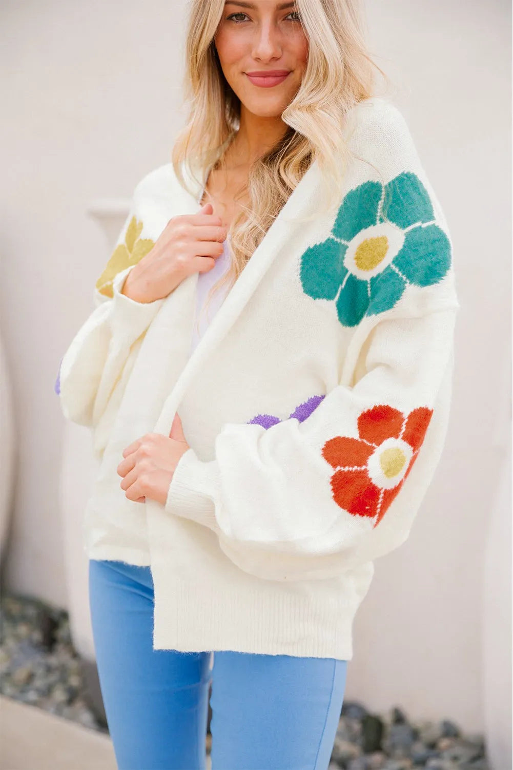 White Flower Jacquared Bubble Sleeve Open Cardigan - Chic Meadow Boutique 