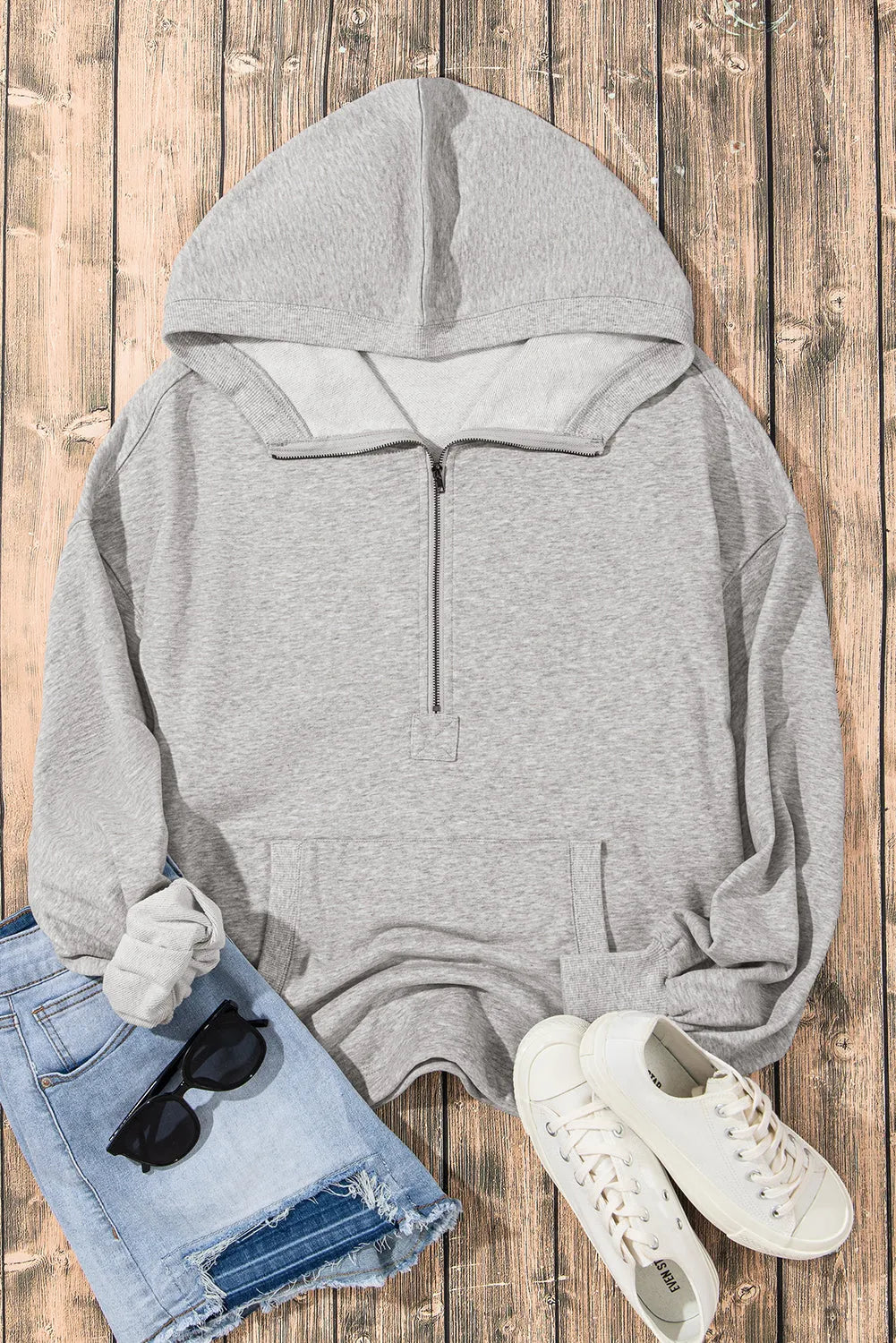 Light Grey Solid Kangaroo Pocket Half Zipper Oversized Hoodie - Chic Meadow Boutique 