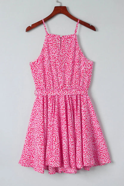 Pink Leopard Print Sleeveless Mini Dress with Waist Tie - Chic Meadow Boutique 