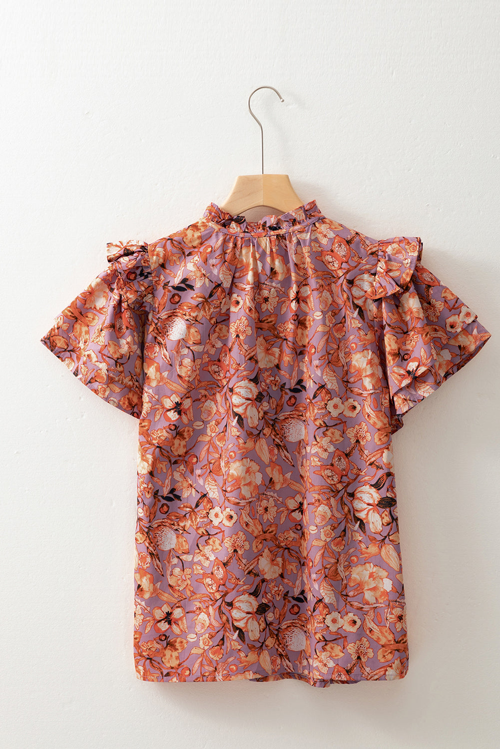 Orange Floral Print Ruffled Flutter Sleeve Frilled V Neck Blouse