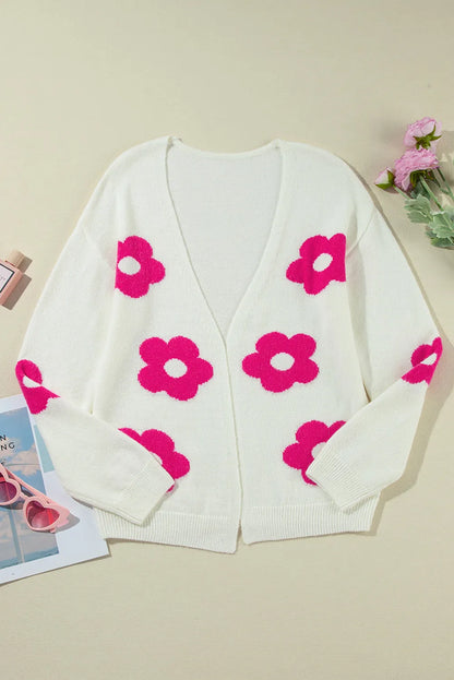 Rose Red Flower Pattern Open Front Cardigan - Chic Meadow Boutique 