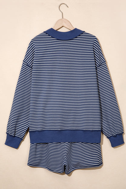Blue Stripe Ribbed Patchwork Mock Neck Baggy Pullover Matching Shorts Set