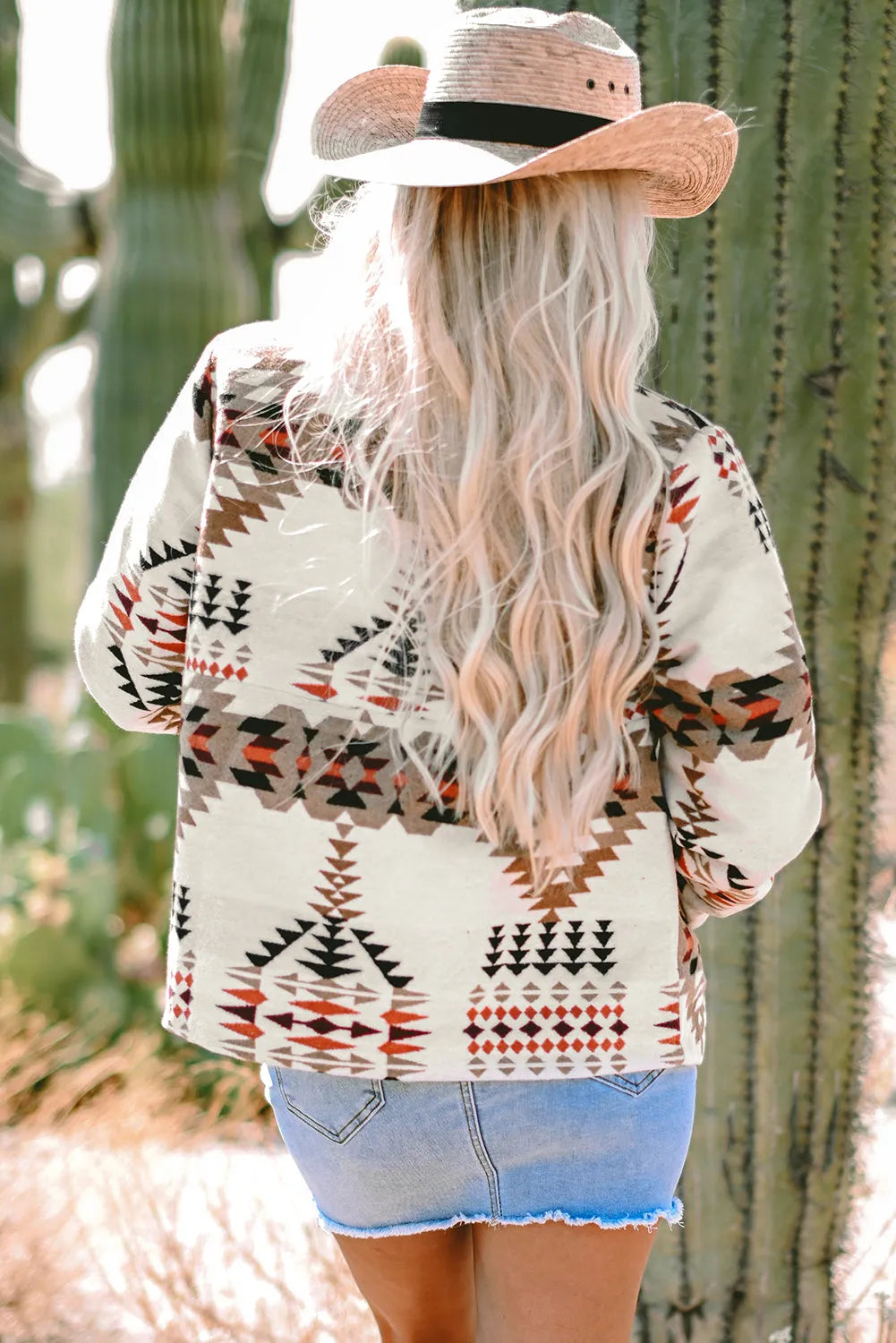 Beige Aztec Printed Stand Neck Zip Up Jacket - Chic Meadow Boutique 