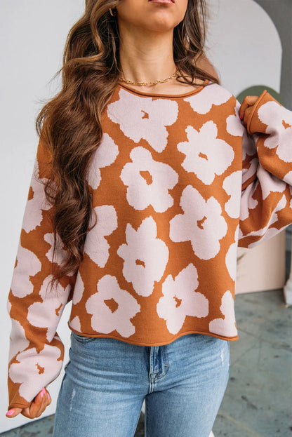 Brown Floral Pattern Crew Neck Long Sleeve Loose Sweater - Chic Meadow Boutique 