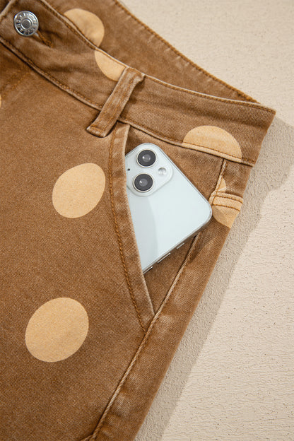 Brown Polka Dot Ankle-Length Metal Button Casual Jeans