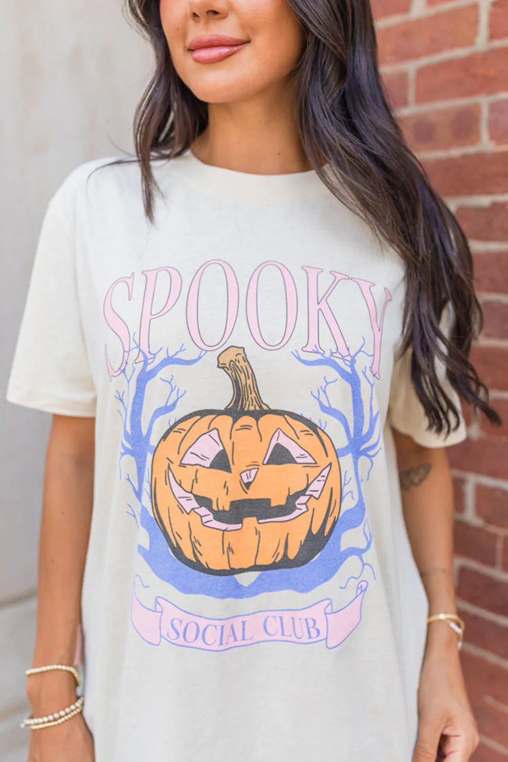 Graphic/Graphic Tees White SPOOKY Pumpkin Print Round Neck Halloween T Shirt