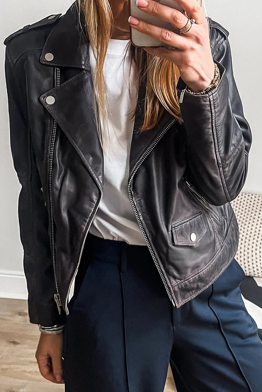 Black PU Leather Lapel Collar Zipper Jacket - Chic Meadow Boutique 