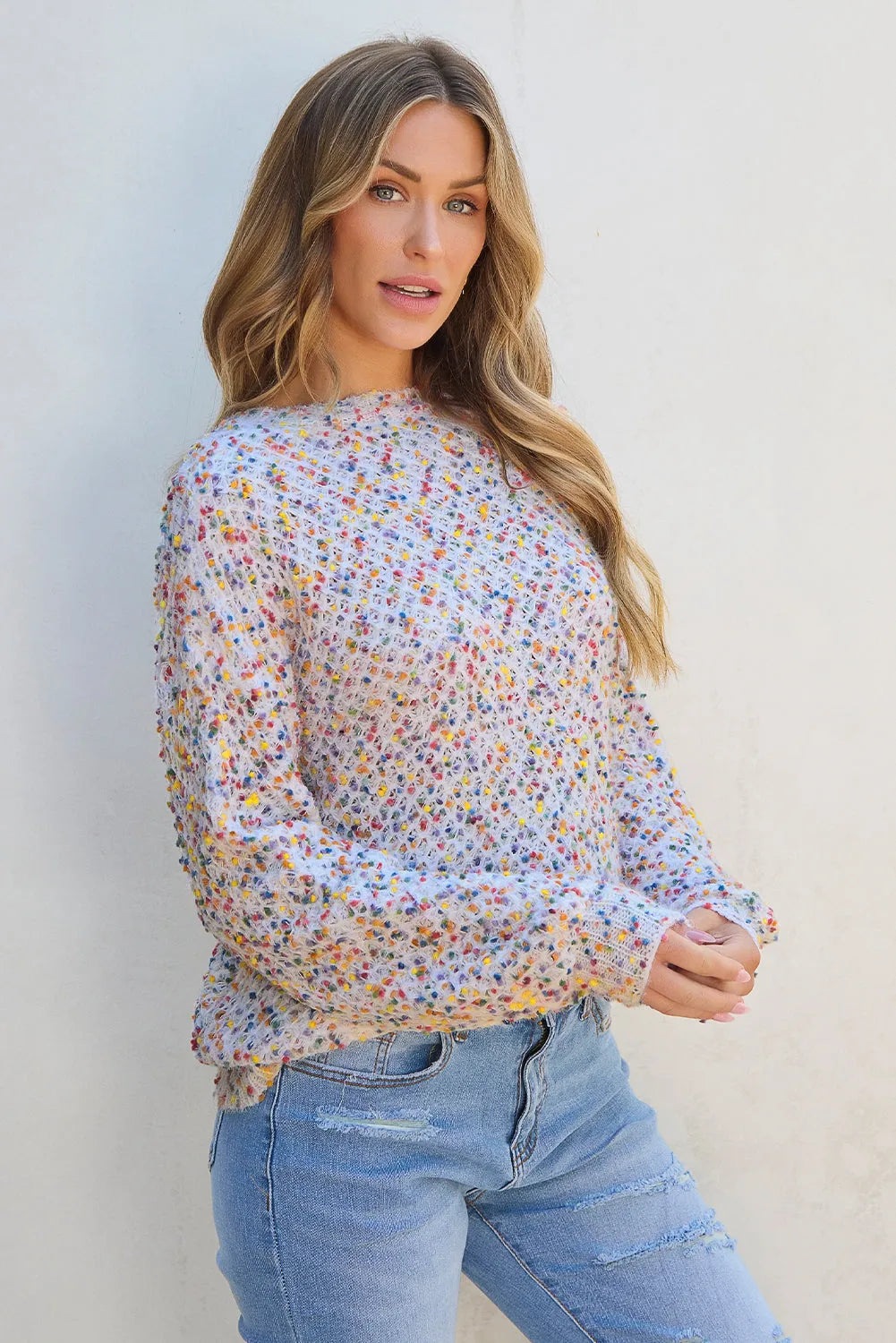 White Confetti Knit Popcorn Sweater Top - Chic Meadow Boutique 