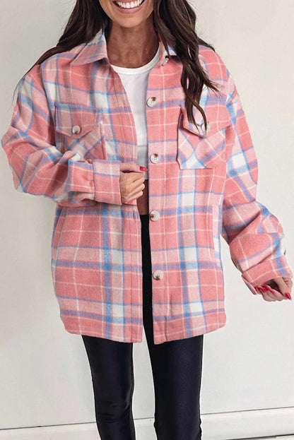 Pink Plaid Flap Pocket Button Up Shacket - Chic Meadow Boutique 