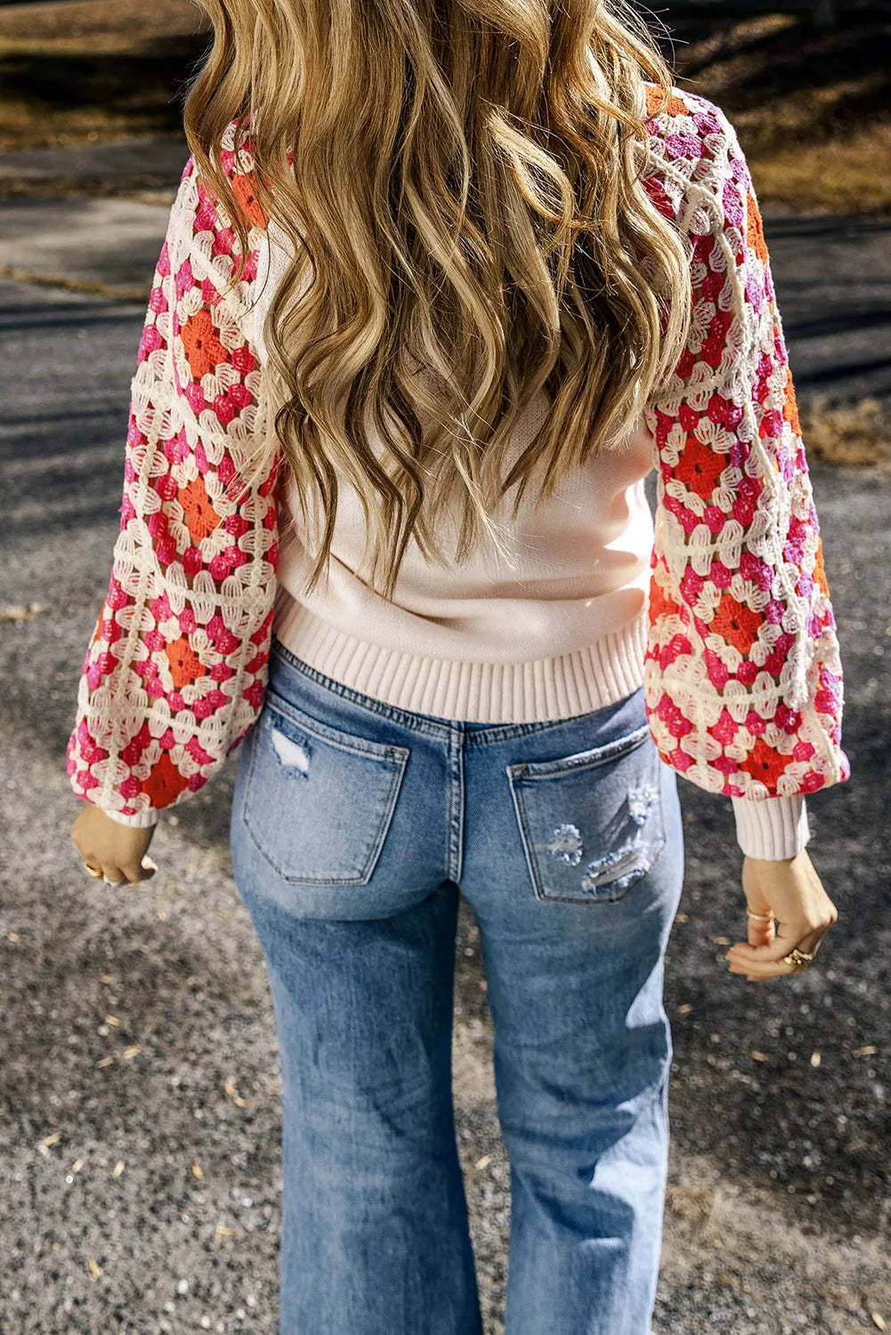 Rose Crochet Puff Sleeve Contrast Knit Sweater - Chic Meadow Boutique 