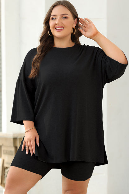 Color black Solid Color Loose Tunic Top and Slim Shorts Set