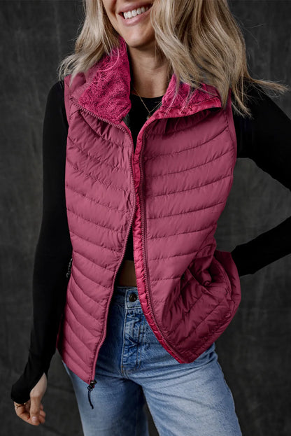 Burgundy Plush Collared Quilted Zipped Puffer Vest - Chic Meadow Boutique 