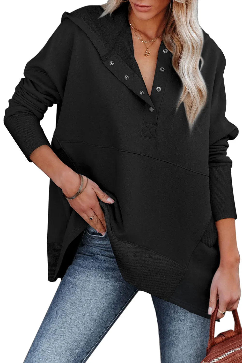 Black Batwing Sleeve Pocketed Henley Hoodie - Chic Meadow Boutique 