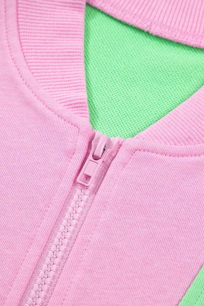 Green Color Block Accent Half Zip Top Athleisure Shorts Set
