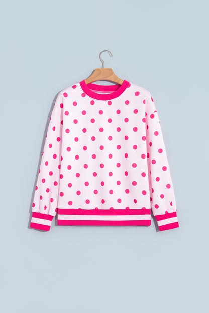 Pink Polka Dot Colorblock Round Neck Pullover Sweatshirt
