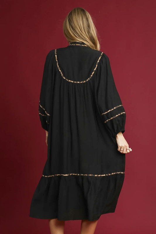 Black Contrast Leopard Trim Split Neck Long Sleeve Casual Midi Dress